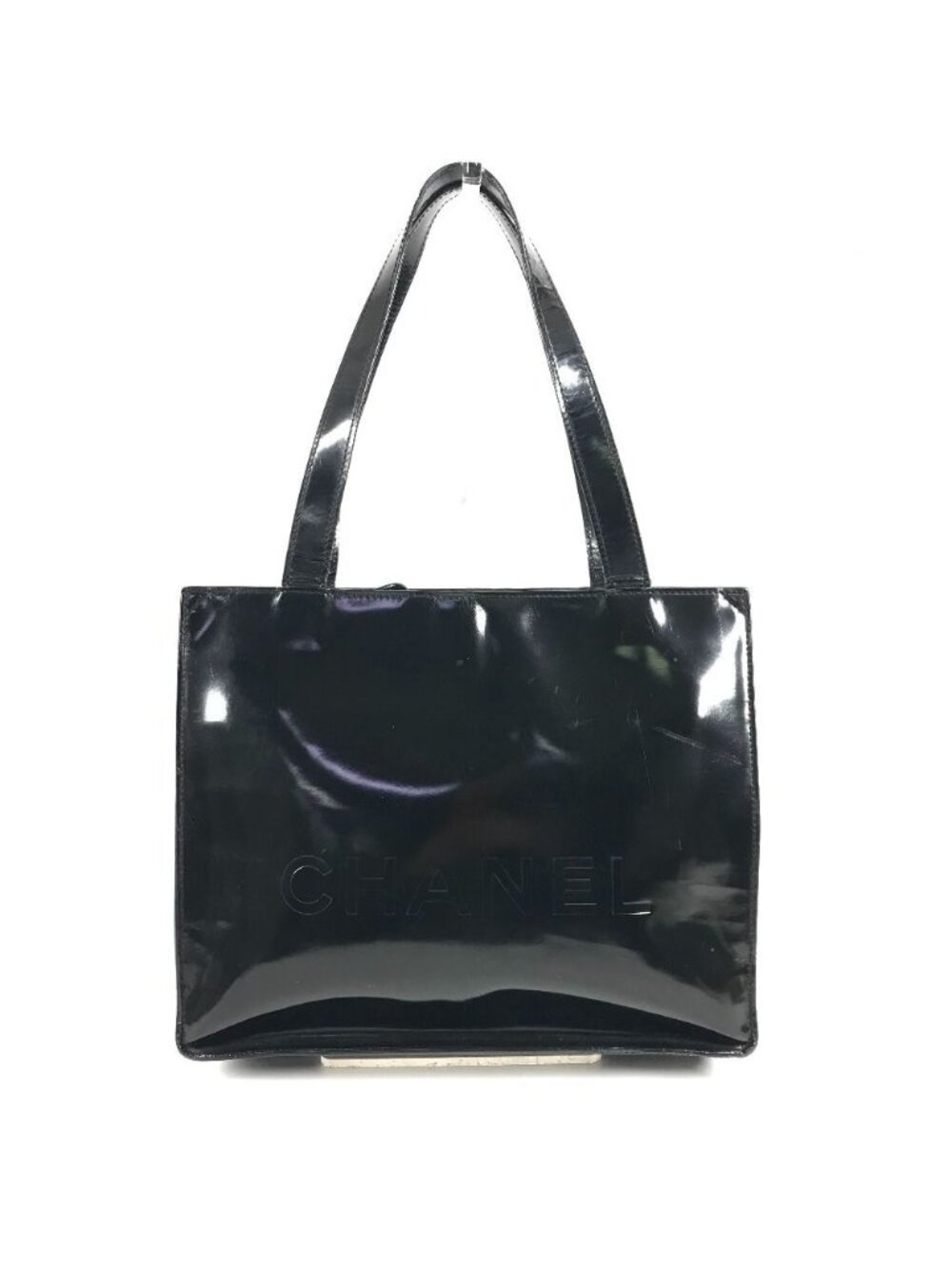 Chanel Shoulder Bag Logo Patent Leather Black